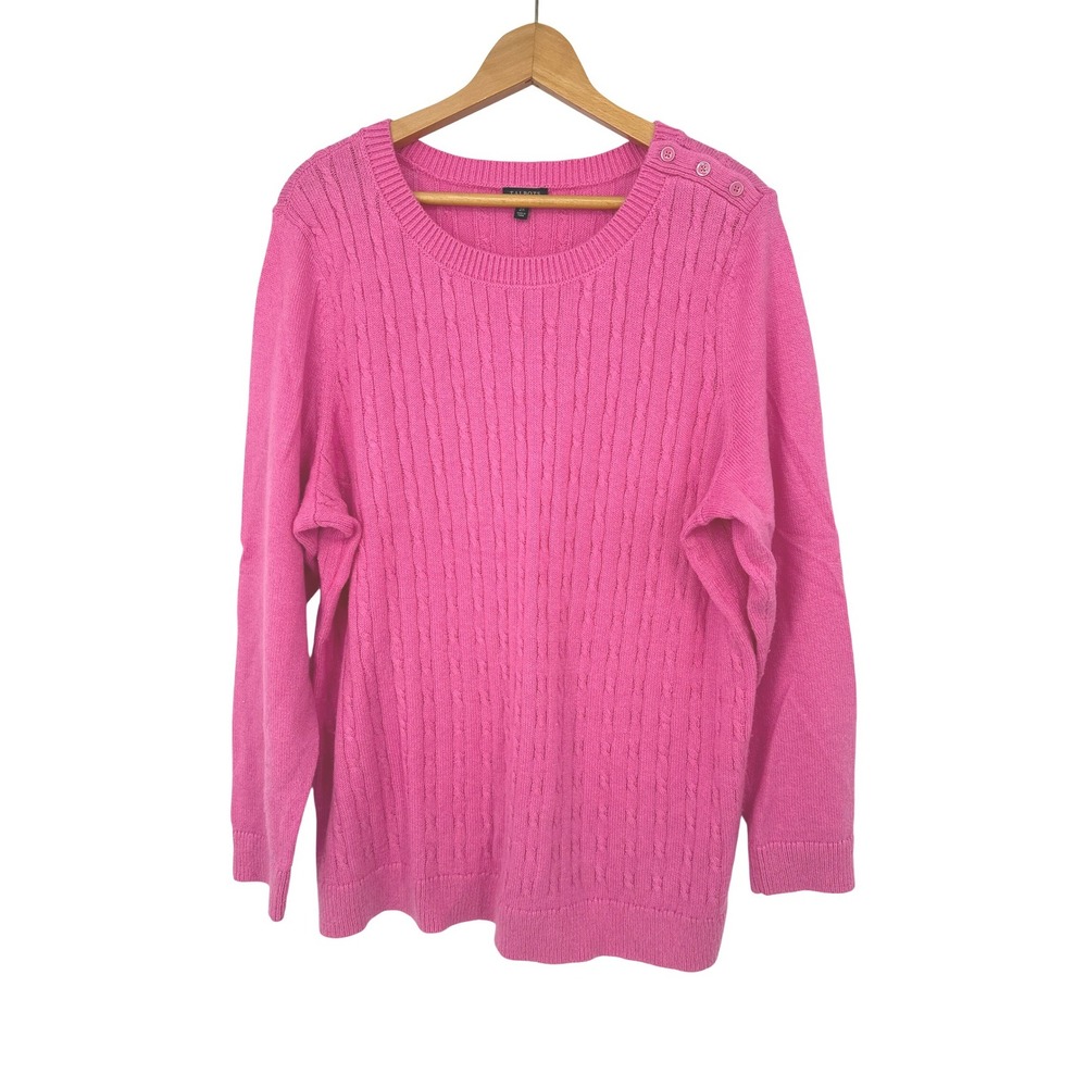 Talbots Plus Sweater Women 2X Pink Cable Knit Shoulder Button Old Money Preppy